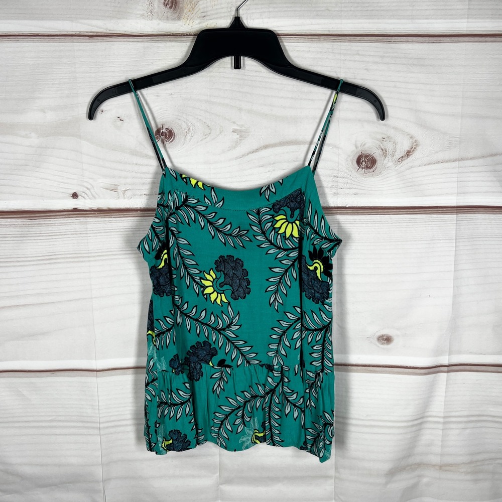 LOFT Floral Cami Top Womens XS Green Floral Spaghetti Strap Tank Ruffle Hem Boho